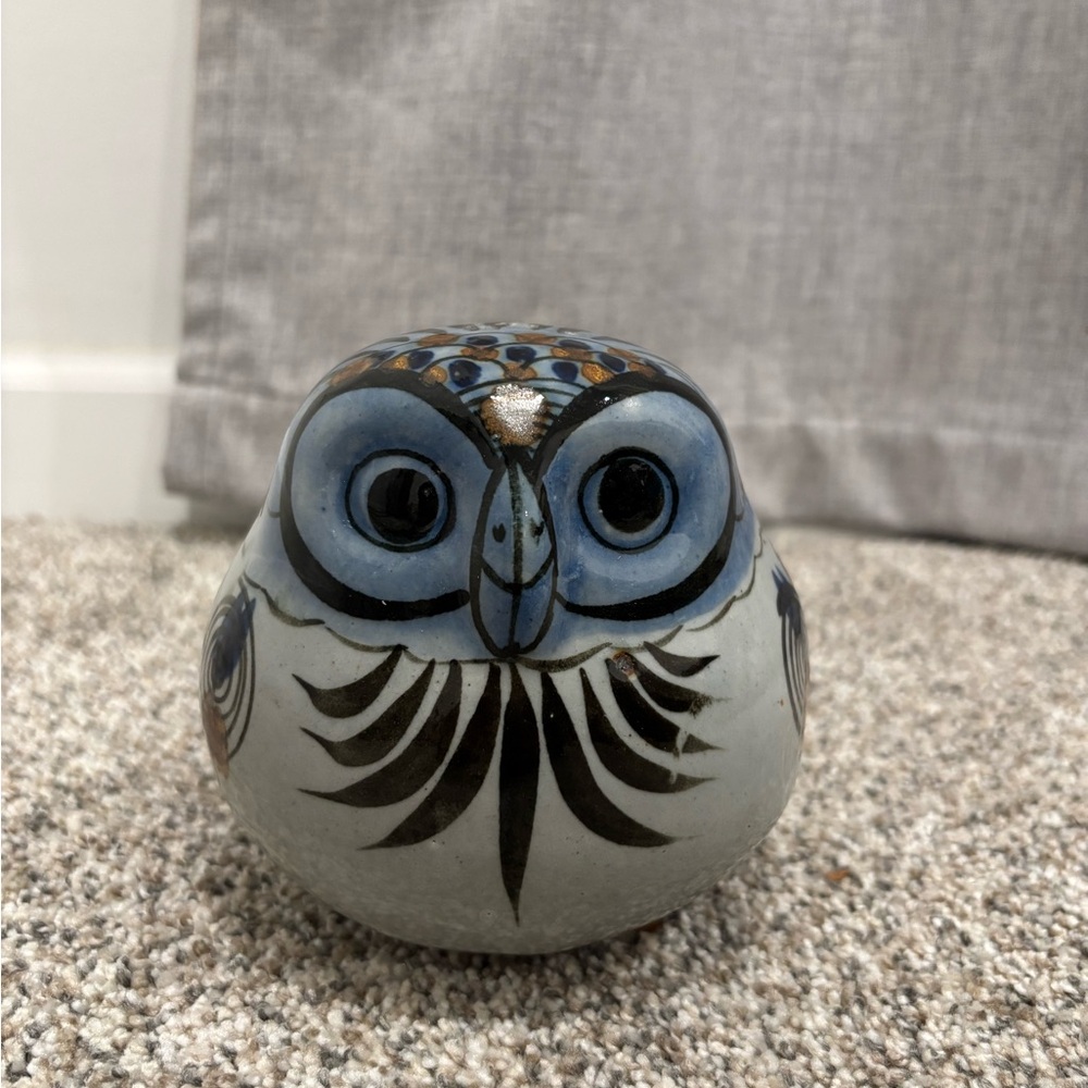 Vintage Mexican Tonala Pottery Owl Figurine Hand painted Ceramic